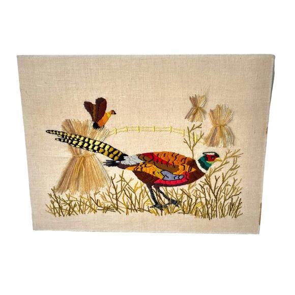 Vintage Crewel Embroidery Pheasant Wheat MCM Large Canvas Picture Wall Hanging
